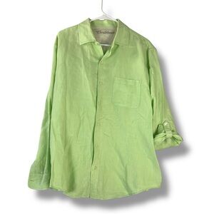 Caribbean Shirt Men's L Large Linen Blend Roll Tab Lightweight Coastal Green